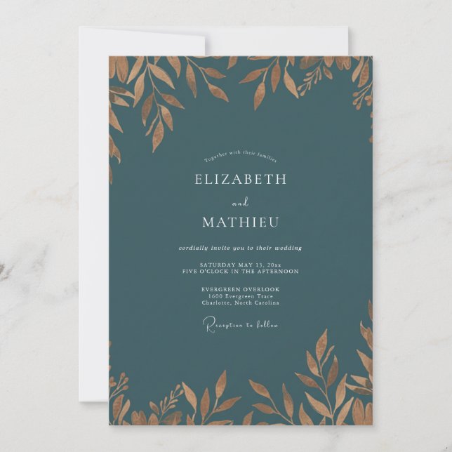 Invitation Mariage feuille d'or sarcelle antique (Devant)