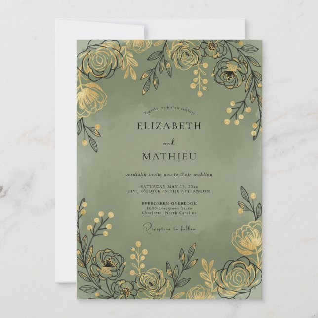 Invitation Mariage Feuille d'Or Sauge (Devant)