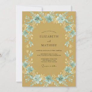 Invitation Mariage Feuille Dorée Aqua