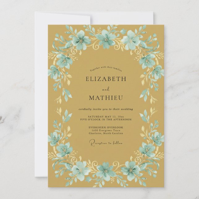 Invitation Mariage Feuille Dorée Aqua (Devant)