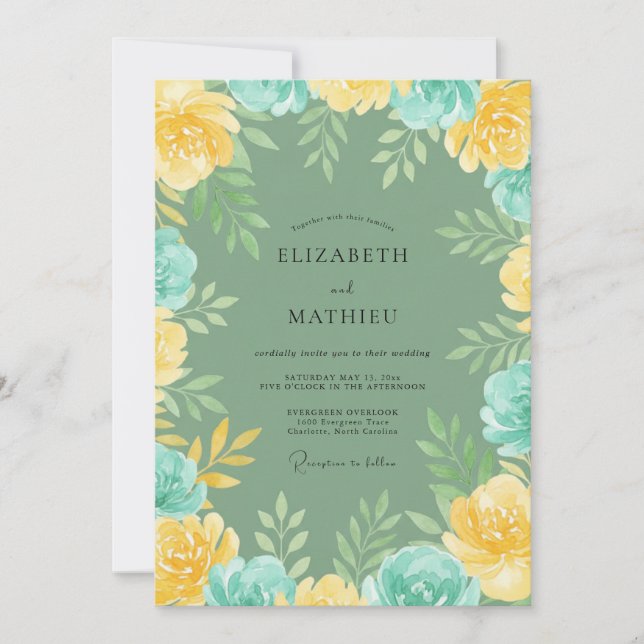 Invitation Mariage feuille dorée Aqua Champagne (Devant)
