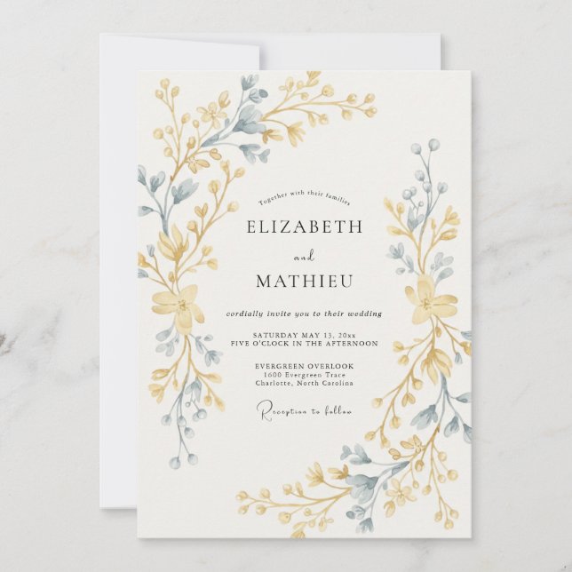 Invitation Mariage Feuille Dorée Ardoise (Devant)