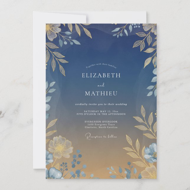 Invitation Mariage Feuille Dorée Chaud de Minuit (Devant)