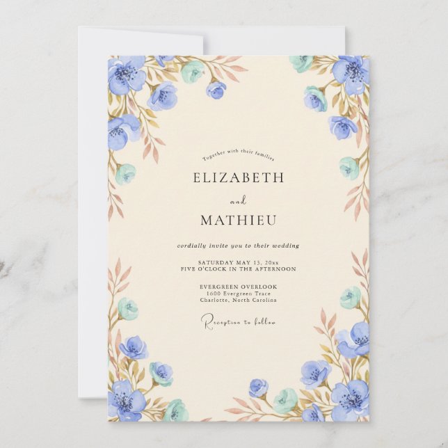 Invitation Mariage Feuille Dorée Chaude Bleuet (Devant)