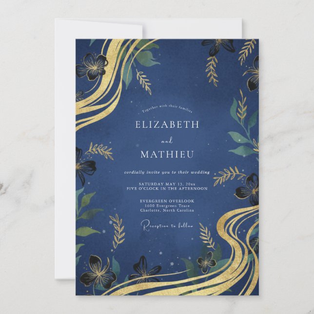 Invitation Mariage Feuille Dorée Indigo (Devant)