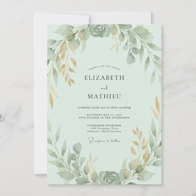 Invitation Mariage Feuille Dorée Menthe (Devant)