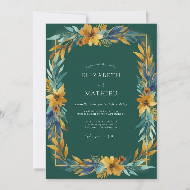 Invitation Mariage Feuille Dorée Moutarde (Devant)