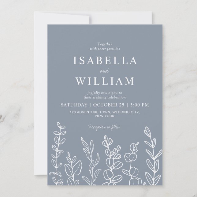 Invitation Mariage Feuille Dusty Blue Eucalyptus (Devant)