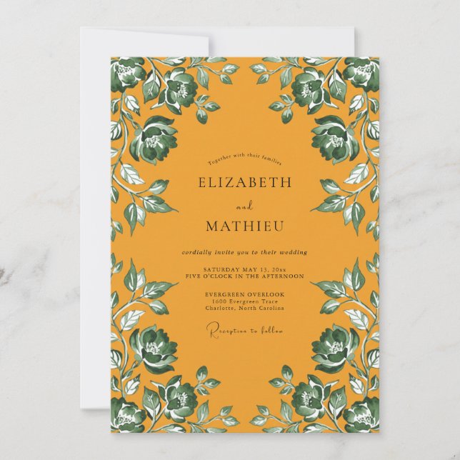 Invitation Mariage feuille émeraude ambre (Devant)