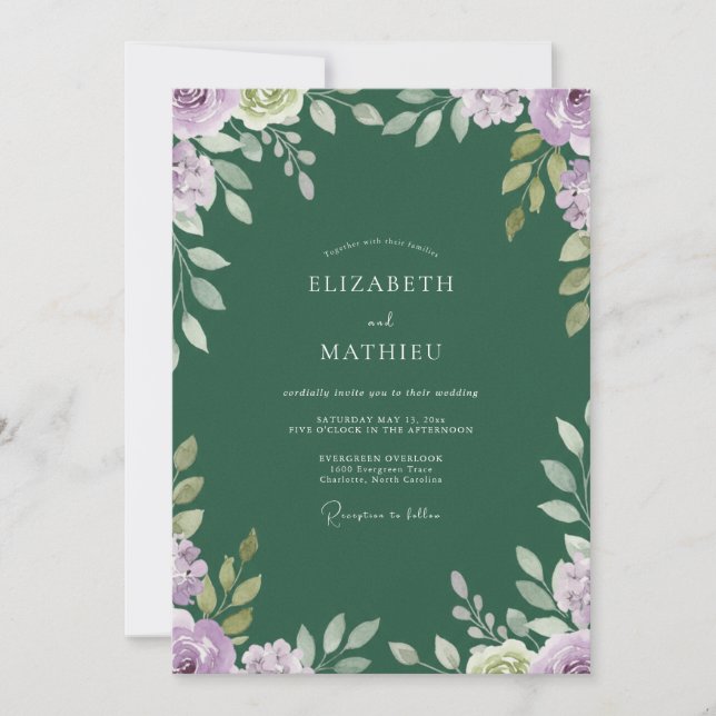 Invitation Mariage Feuille Émeraude Améthyste (Devant)