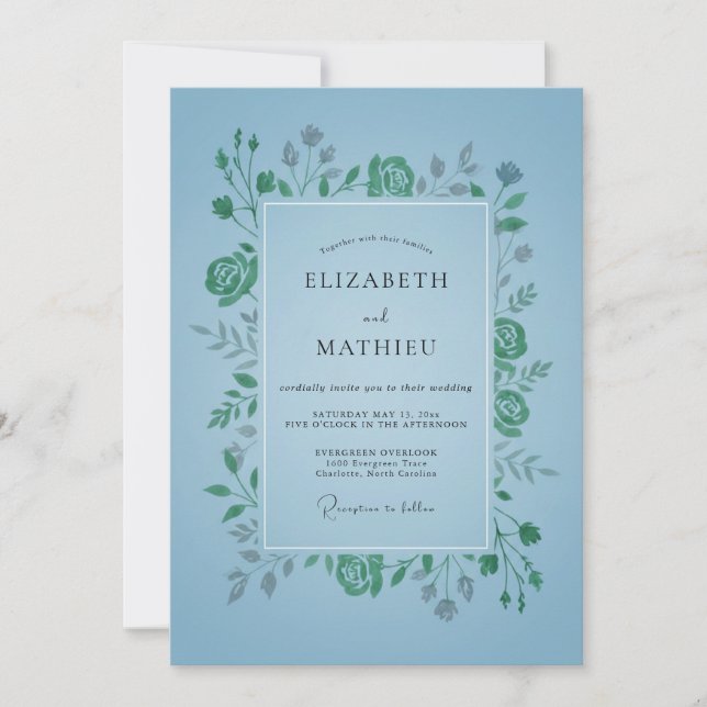 Invitation Mariage feuille émeraude azur (Devant)