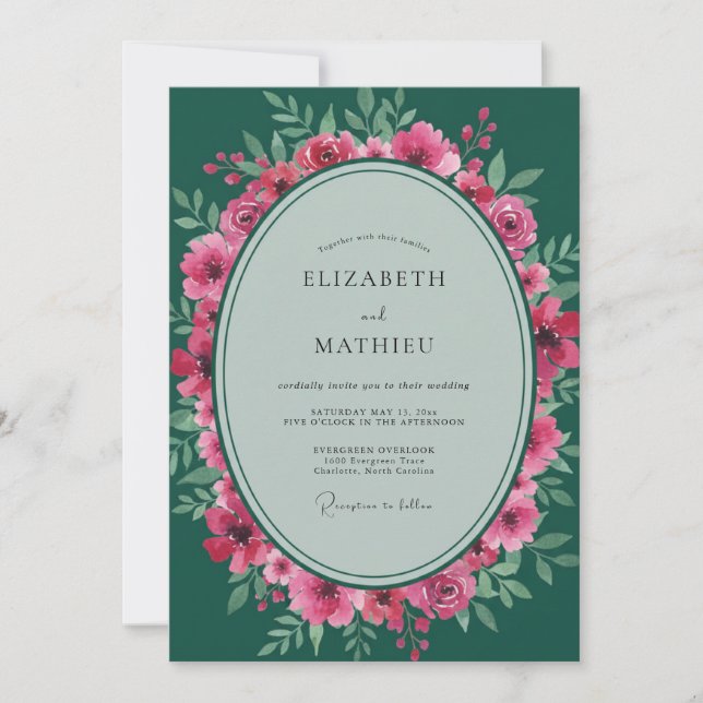 Invitation Mariage Feuille Émeraude Magenta (Devant)