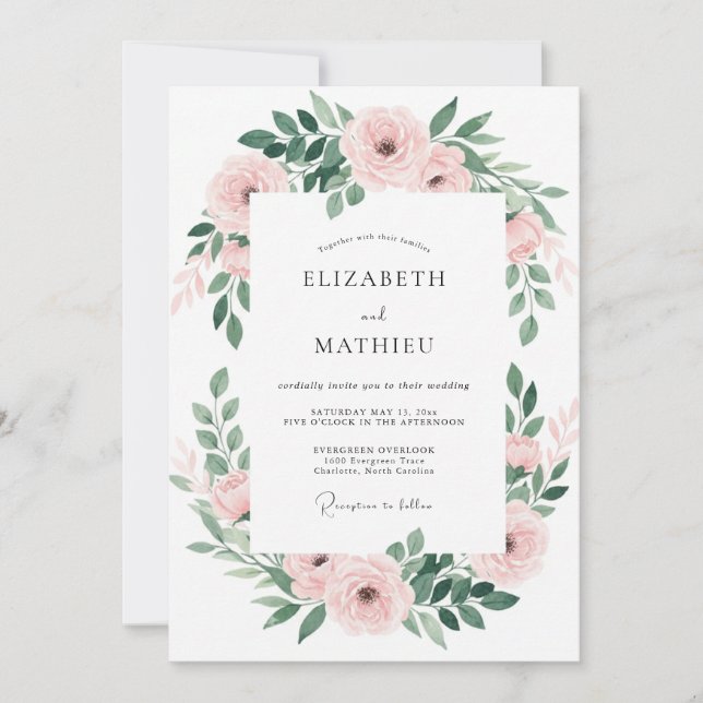 Invitation Mariage Feuille Émeraude Rosé (Devant)