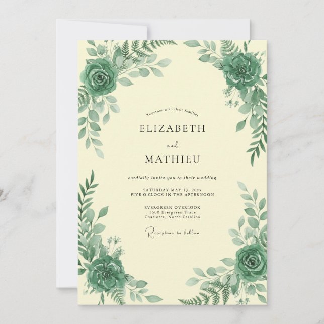 Invitation Mariage Feuille Émeraude Sage (Devant)