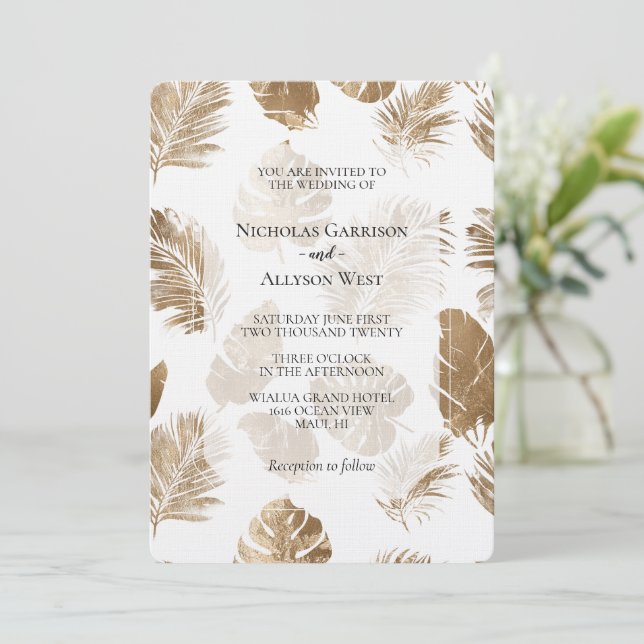 Invitation Mariage Feuille Gold Tropical (Debout devant)