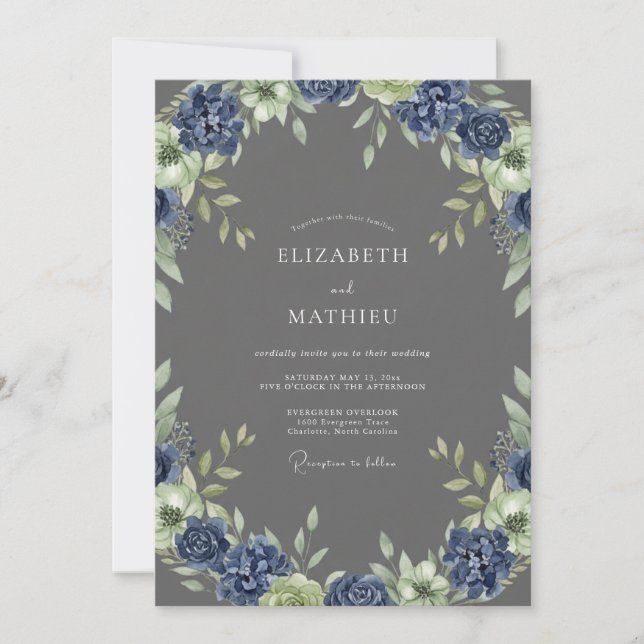 Invitation Mariage Feuille Indigo Charbon (Devant)
