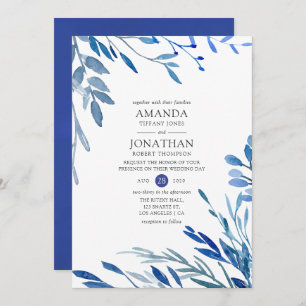 Invitation Mariage Feuille Indigo de la marine Watercolor