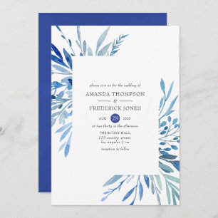 Invitation Mariage Feuille Indigo de la marine Watercolor