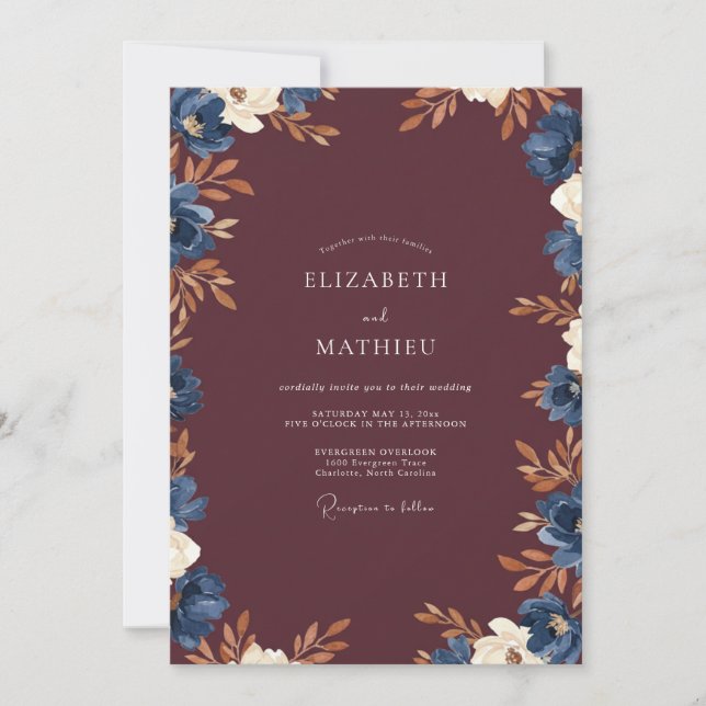 Invitation Mariage Feuille Indigo Vin (Devant)