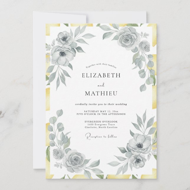 Invitation Mariage Feuille Jaune Argenté (Devant)