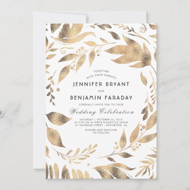 Invitation Mariage Feuille Laurel Elegant Blanc et Or (Devant)