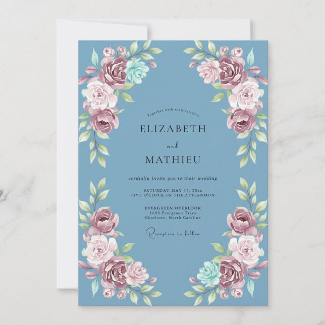 Invitation Mariage Feuille Lavande Acier (Devant)