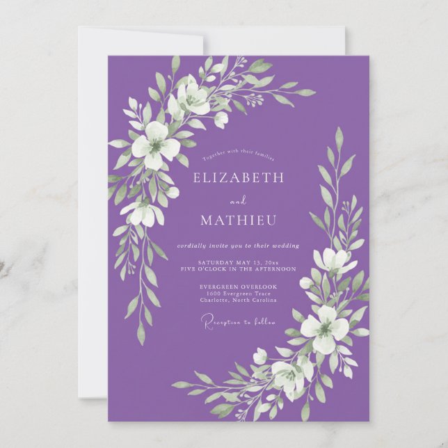 Invitation Mariage feuille luxueuse aquarelle améthyste (Devant)