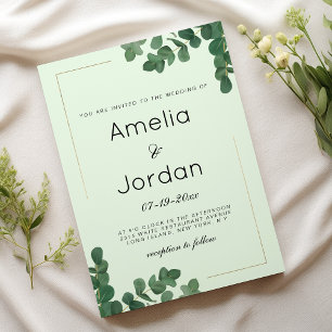 Invitation Mariage feuille luxueux à la menthe d'or vert euca