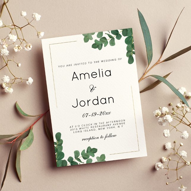 Invitation Mariage feuille luxueux d'eucalyptus vert or blanc (Luxury white gold green eucalyptus leaves wedding )