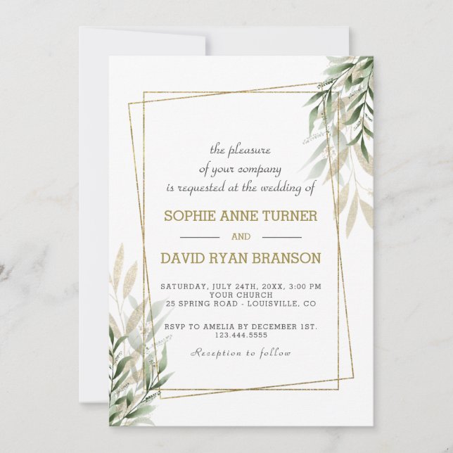Invitation Mariage Feuille Luxury Gold Frame Watercolor (Devant)