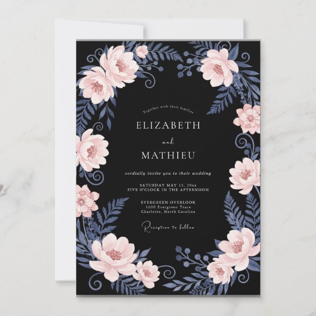 Invitation Mariage feuille noir pêche (Devant)