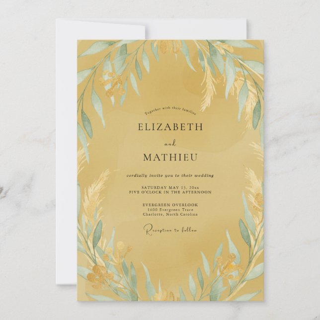 Invitation Mariage Feuille Ochre Aqua (Devant)