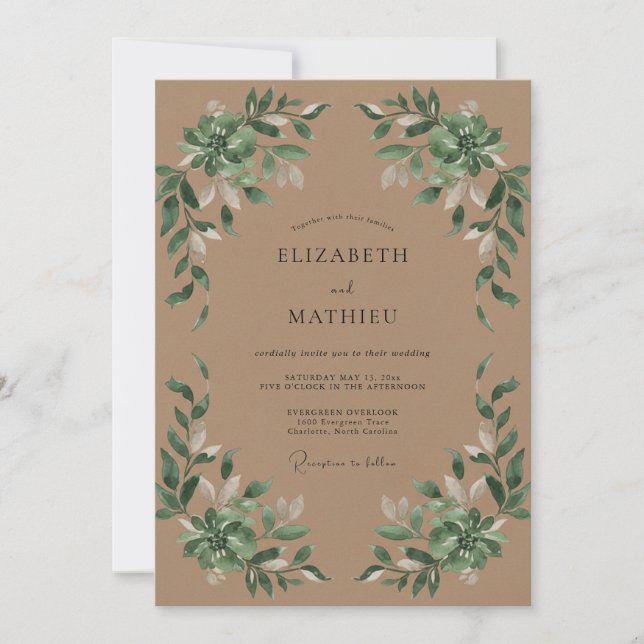 Invitation Mariage feuille olive taupe (Devant)