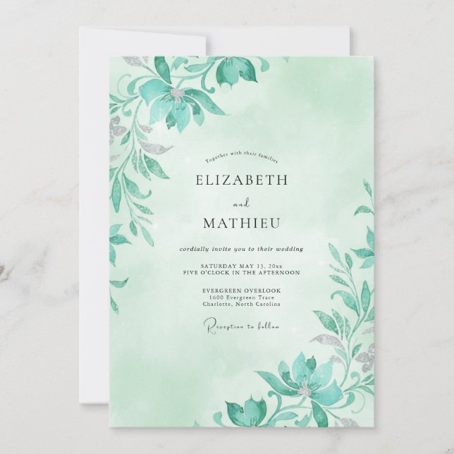 Invitation Mariage feuille peinte à l'aquarelle Seafoam (Devant)