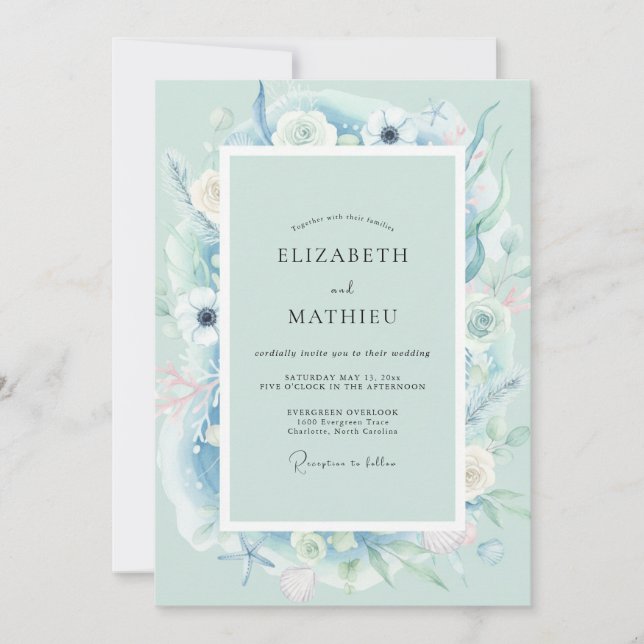 Invitation Mariage Feuille Peinte Aqua (Devant)