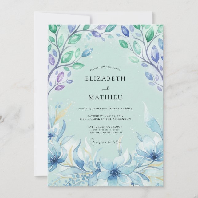 Invitation Mariage Feuille Peinte Azur (Devant)