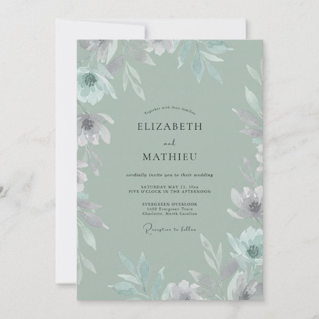 Invitation Mariage feuille peinte Céladon (Devant)