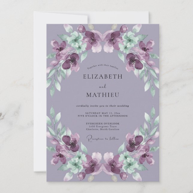 Invitation Mariage Feuille Peinte d'Améthyste (Devant)