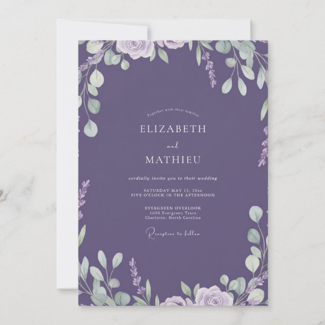 Invitation Mariage Feuille Peinte de Lavande (Devant)