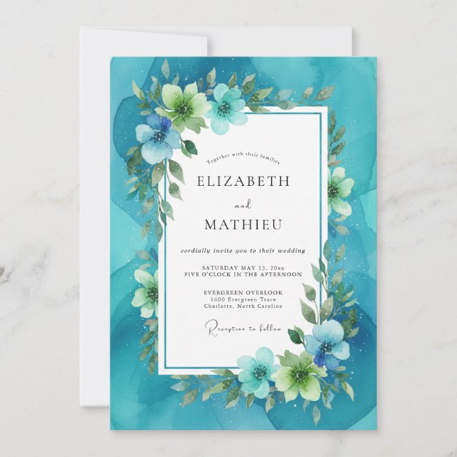 Invitation Mariage Feuille Peinte de Sarcelle (Devant)