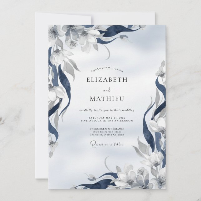 Invitation Mariage Feuille Peinte Indigo (Devant)