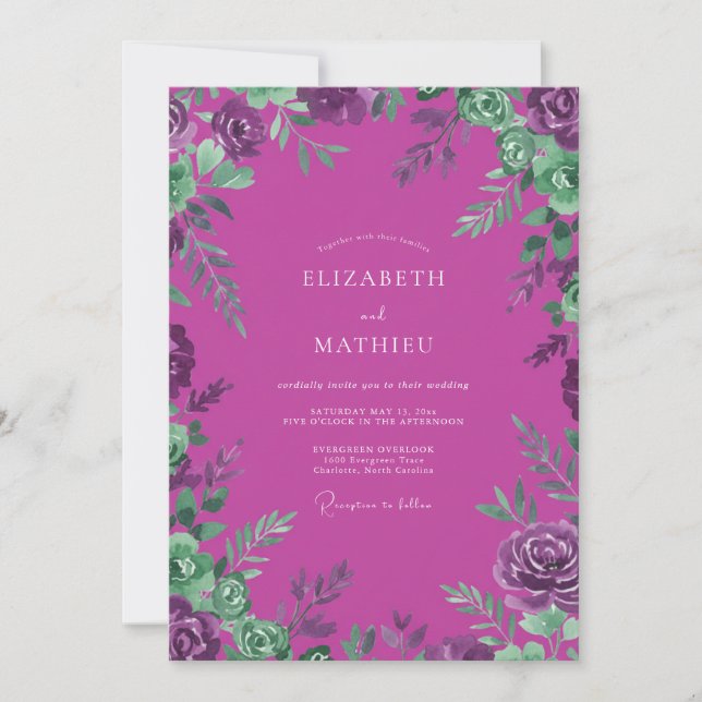 Invitation Mariage Feuille Peinte Magenta Prairie (Devant)
