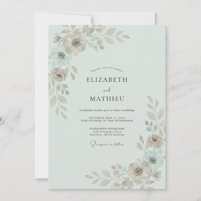Invitation Mariage Feuille Peinte Menthe Taupe (Devant)