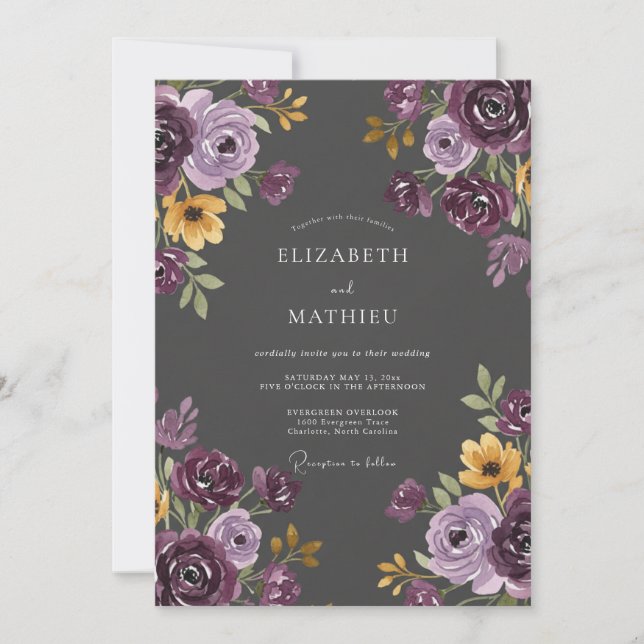 Invitation Mariage Feuille Peinte Ocbre Prune (Devant)