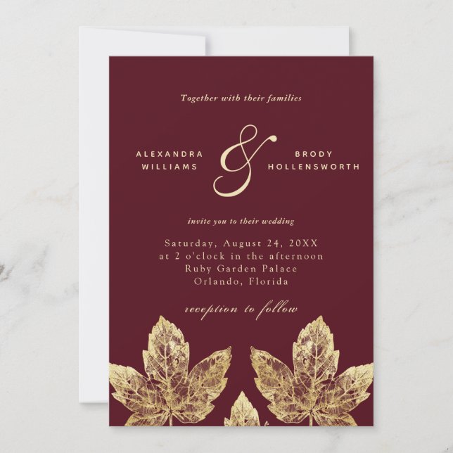 Invitation Mariage Feuille Red et Gold Rustic Gold (Devant)