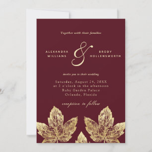 Invitation Mariage Feuille Red et Gold Rustic Gold 
