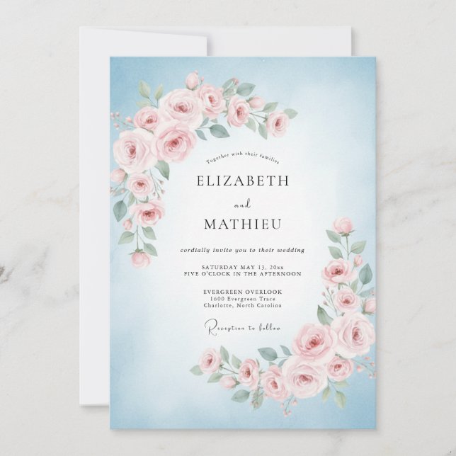 Invitation Mariage Feuille Rose Ciel (Devant)