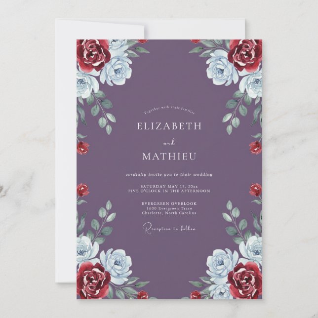 Invitation Mariage Feuille Rouge Améthyste (Devant)