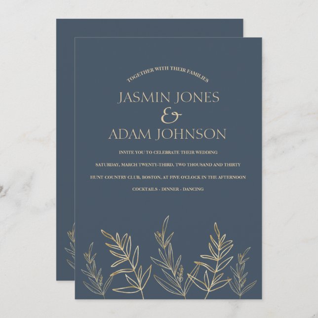 Invitation Mariage Feuille Royal Blue Opulence Gold (Devant / Derrière)