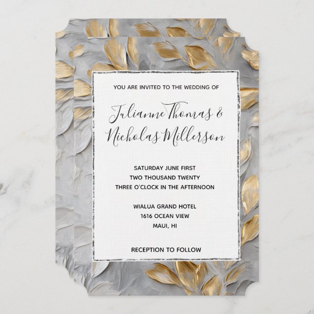 Invitation Mariage Feuille Silver Grey Gold (Devant / Derrière)